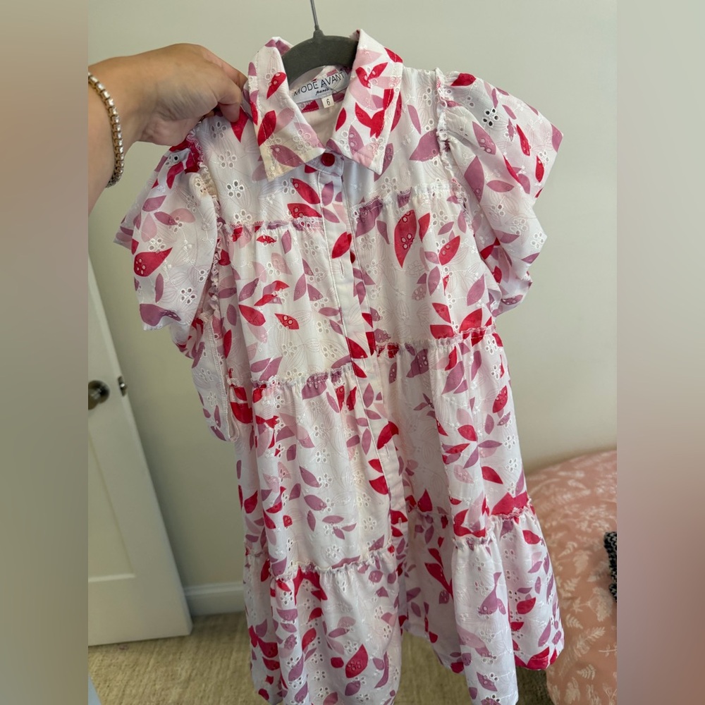 Mode Avant White Eyelet Dress with Pink & Red Leaf Print